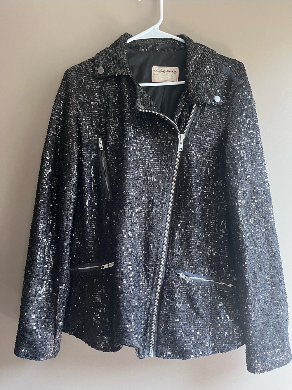 We The Free Black Sequin Moto Blazer Jacket small Anthropologie